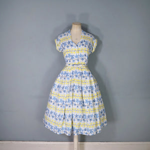 40s / 50s ST MICHAEL IVY LEAF PRINT YELLOW AND BLUE SHIRTWAIST DRESS - S