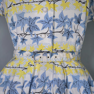 40s / 50s ST MICHAEL IVY LEAF PRINT YELLOW AND BLUE SHIRTWAIST DRESS - S