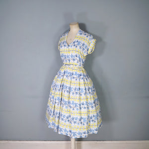40s / 50s ST MICHAEL IVY LEAF PRINT YELLOW AND BLUE SHIRTWAIST DRESS - S