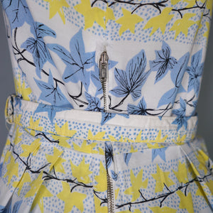 40s / 50s ST MICHAEL IVY LEAF PRINT YELLOW AND BLUE SHIRTWAIST DRESS - S