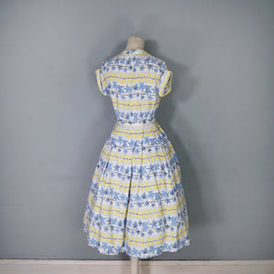 40s / 50s ST MICHAEL IVY LEAF PRINT YELLOW AND BLUE SHIRTWAIST DRESS - S