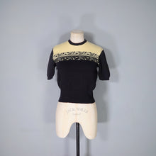 Load image into Gallery viewer, 50s &quot;TIROLA&quot; YELLOW AND BLACK CROPPED FINE WOOL JUMPER WITH LEAF BORDER PATTERN - S