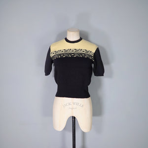 50s "TIROLA" YELLOW AND BLACK CROPPED FINE WOOL JUMPER WITH LEAF BORDER PATTERN - S