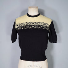 Load image into Gallery viewer, 50s &quot;TIROLA&quot; YELLOW AND BLACK CROPPED FINE WOOL JUMPER WITH LEAF BORDER PATTERN - S