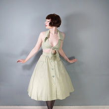 Load image into Gallery viewer, 70s BUS STOP PALE GREEN TWO PIECE FULL SKIRT AND CROPPED TIE BLOUSE TOP -
