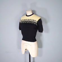 Load image into Gallery viewer, 50s &quot;TIROLA&quot; YELLOW AND BLACK CROPPED FINE WOOL JUMPER WITH LEAF BORDER PATTERN - S