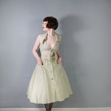 Load image into Gallery viewer, 70s BUS STOP PALE GREEN TWO PIECE FULL SKIRT AND CROPPED TIE BLOUSE TOP -