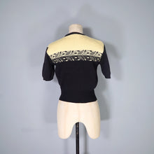 Load image into Gallery viewer, 50s &quot;TIROLA&quot; YELLOW AND BLACK CROPPED FINE WOOL JUMPER WITH LEAF BORDER PATTERN - S