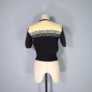 50s "TIROLA" YELLOW AND BLACK CROPPED FINE WOOL JUMPER WITH LEAF BORDER PATTERN - S