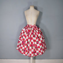 Load image into Gallery viewer, 60s RED ROSE FLORAL AND CHECK PRINT FULL SWING SKIRT WITH POCKETS - 26&quot;