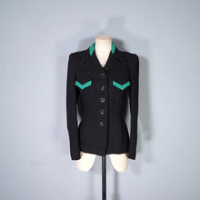 Load image into Gallery viewer, 40s BLACK WOOL JACKET WITH GREEN COLLAR AND POCKET TRIM - S