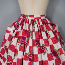 Load image into Gallery viewer, 60s RED ROSE FLORAL AND CHECK PRINT FULL SWING SKIRT WITH POCKETS - 26&quot;