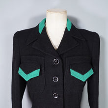 Load image into Gallery viewer, 40s BLACK WOOL JACKET WITH GREEN COLLAR AND POCKET TRIM - S