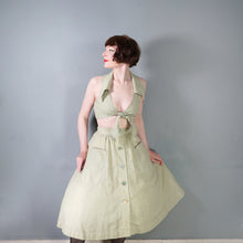 Load image into Gallery viewer, 70s BUS STOP PALE GREEN TWO PIECE FULL SKIRT AND CROPPED TIE BLOUSE TOP -