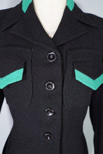 Load image into Gallery viewer, 40s BLACK WOOL JACKET WITH GREEN COLLAR AND POCKET TRIM - S
