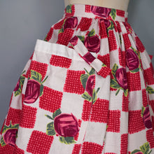 Load image into Gallery viewer, 60s RED ROSE FLORAL AND CHECK PRINT FULL SWING SKIRT WITH POCKETS - 26&quot;