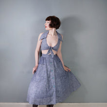 Load image into Gallery viewer, 70s BUS STOP LEE BENDER STORMY BLUE TWO PIECE FULL SKIRT AND CROPPED TIE BLOUSE TOP - XS