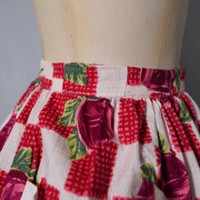Load image into Gallery viewer, 60s RED ROSE FLORAL AND CHECK PRINT FULL SWING SKIRT WITH POCKETS - 26&quot;