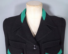 Load image into Gallery viewer, 40s BLACK WOOL JACKET WITH GREEN COLLAR AND POCKET TRIM - S