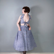 Load image into Gallery viewer, 70s BUS STOP LEE BENDER STORMY BLUE TWO PIECE FULL SKIRT AND CROPPED TIE BLOUSE TOP - XS