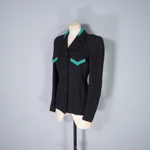 Load image into Gallery viewer, 40s BLACK WOOL JACKET WITH GREEN COLLAR AND POCKET TRIM - S