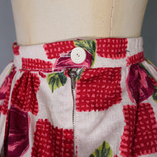 Load image into Gallery viewer, 60s RED ROSE FLORAL AND CHECK PRINT FULL SWING SKIRT WITH POCKETS - 26&quot;