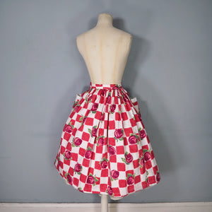 60s RED ROSE FLORAL AND CHECK PRINT FULL SWING SKIRT WITH POCKETS - 26"
