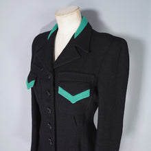 Load image into Gallery viewer, 40s BLACK WOOL JACKET WITH GREEN COLLAR AND POCKET TRIM - S