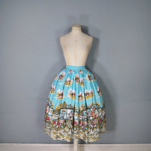 HANDMADE VINTAGE BRITISH VILLAGE RIDERS HUNT PRINT FULL SKIRT - 24-25"