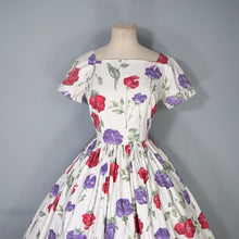 Load image into Gallery viewer, 50s HANDMADE RED AND PURPLE STEMMED FLORAL COTTON DRESS - S