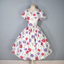 Load image into Gallery viewer, 50s HANDMADE RED AND PURPLE STEMMED FLORAL COTTON DRESS - S
