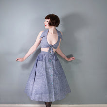 Load image into Gallery viewer, 70s BUS STOP LEE BENDER STORMY BLUE TWO PIECE FULL SKIRT AND CROPPED TIE BLOUSE TOP - XS