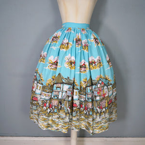 HANDMADE VINTAGE BRITISH VILLAGE RIDERS HUNT PRINT FULL SKIRT - 24-25"