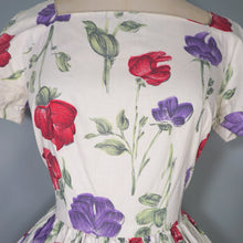 Load image into Gallery viewer, 50s HANDMADE RED AND PURPLE STEMMED FLORAL COTTON DRESS - S