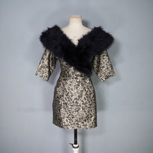 Load image into Gallery viewer, 80s ANTONY PRICE BLACK GOLD BROCADE DRESS WITH MARIBOU FEATHER COLLAR - XS
