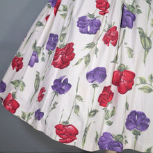 Load image into Gallery viewer, 50s HANDMADE RED AND PURPLE STEMMED FLORAL COTTON DRESS - S
