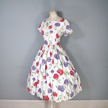 Load image into Gallery viewer, 50s HANDMADE RED AND PURPLE STEMMED FLORAL COTTON DRESS - S
