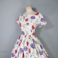 Load image into Gallery viewer, 50s HANDMADE RED AND PURPLE STEMMED FLORAL COTTON DRESS - S