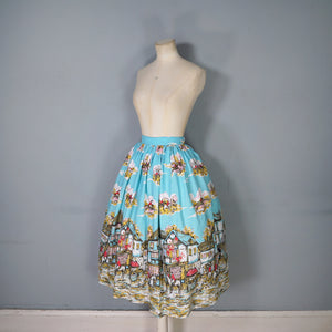 HANDMADE VINTAGE BRITISH VILLAGE RIDERS HUNT PRINT FULL SKIRT - 24-25"