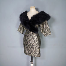 Load image into Gallery viewer, 80s ANTONY PRICE BLACK GOLD BROCADE DRESS WITH MARIBOU FEATHER COLLAR - XS