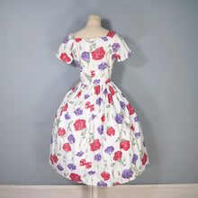 Load image into Gallery viewer, 50s HANDMADE RED AND PURPLE STEMMED FLORAL COTTON DRESS - S