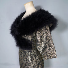 Load image into Gallery viewer, 80s ANTONY PRICE BLACK GOLD BROCADE DRESS WITH MARIBOU FEATHER COLLAR - XS