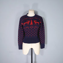 Load image into Gallery viewer, 50s BOBBIE BROOKS NAVY AND RED REINDEER AND TREE WOOL CHRISTMAS JUMPER - XS-S