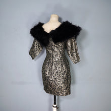 Load image into Gallery viewer, 80s ANTONY PRICE BLACK GOLD BROCADE DRESS WITH MARIBOU FEATHER COLLAR - XS