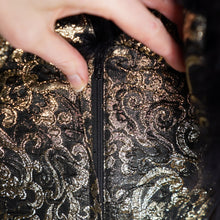 Load image into Gallery viewer, 80s ANTONY PRICE BLACK GOLD BROCADE DRESS WITH MARIBOU FEATHER COLLAR - XS