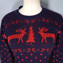 Load image into Gallery viewer, 50s BOBBIE BROOKS NAVY AND RED REINDEER AND TREE WOOL CHRISTMAS JUMPER - XS-S