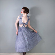 Load image into Gallery viewer, 70s BUS STOP LEE BENDER STORMY BLUE TWO PIECE FULL SKIRT AND CROPPED TIE BLOUSE TOP - XS