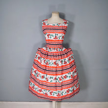 Load image into Gallery viewer, 50s RICHARD SHOPS RED AND BLACK GEOMETRIC AND FLORAL COTTON DRESS WITH POCKETS - S-M