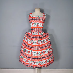 50s RICHARD SHOPS RED AND BLACK GEOMETRIC AND FLORAL COTTON DRESS WITH POCKETS - S-M