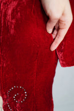 Load image into Gallery viewer, 40s RED VELVET ZIP FRONT BLOUSE WITH SWIRLING RHINESTONES - S-M